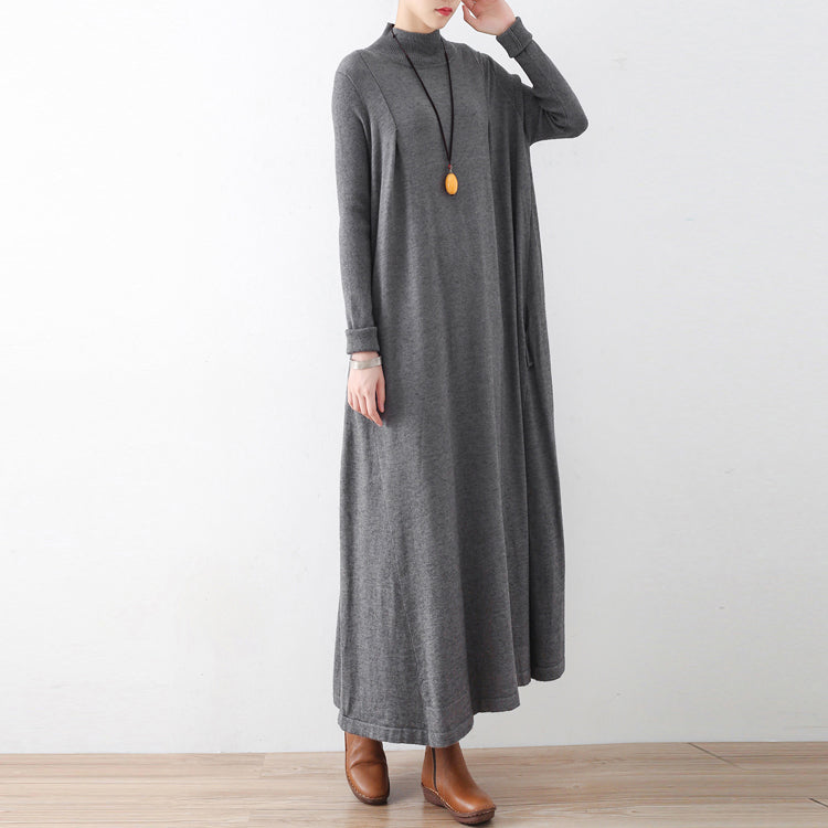 Winter Gray Knit Maxi Dresses Warm Woolen Dresses Caftans Gown
