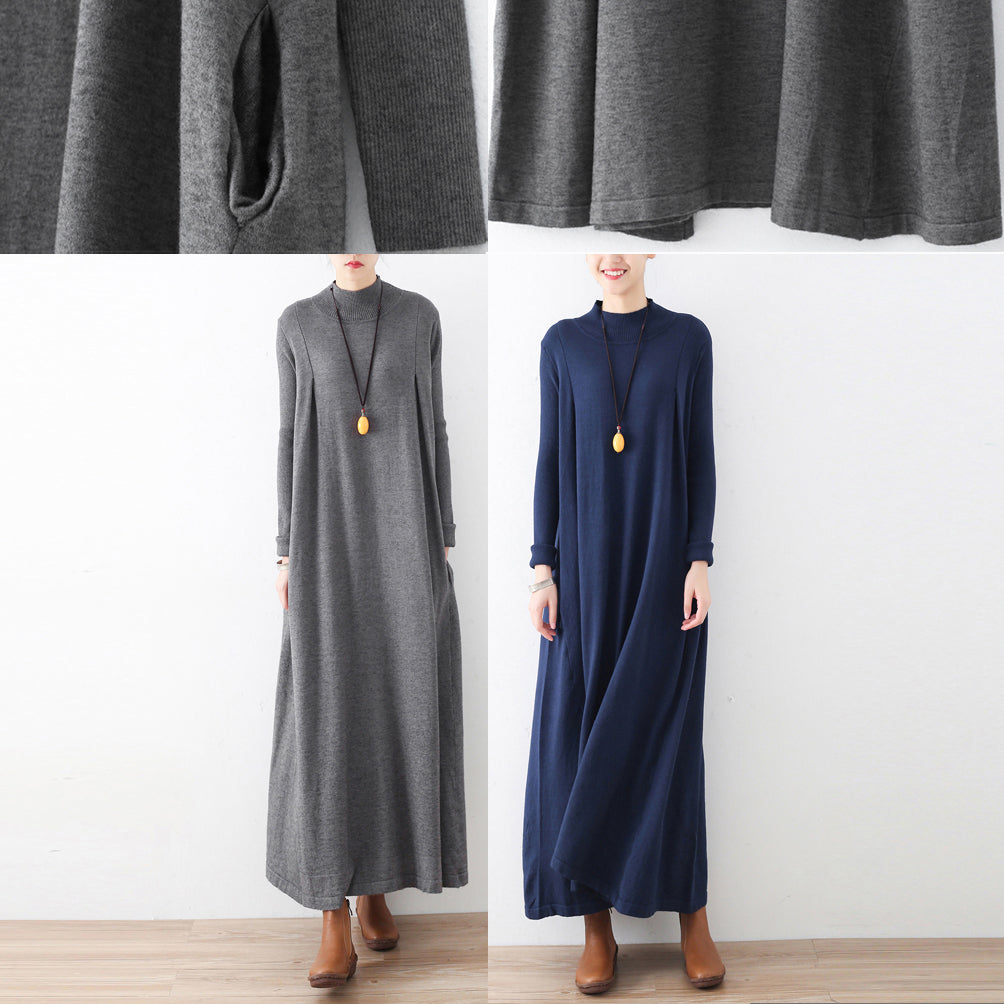 Winter Gray Knit Maxi Dresses Warm Woolen Dresses Caftans Gown