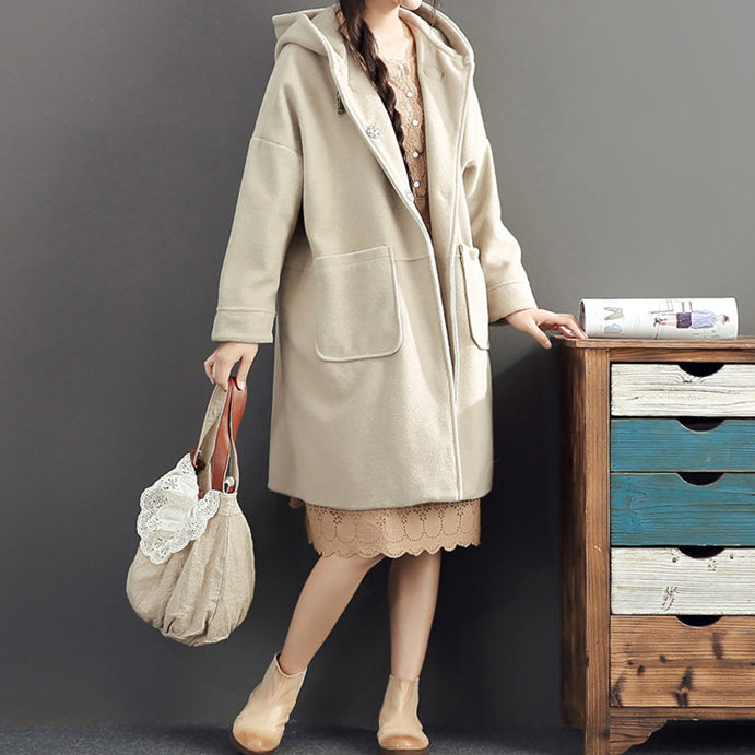 Winter Light Yellow Woolen Coats Hooded Trench Coat