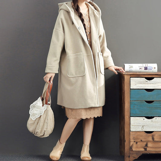 Winter Light Yellow Woolen Coats Hooded Trench Coat