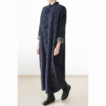 Winter Linen Dresses Warm Velour Inside Jacquard Long Caftans Winter Dresses in Navy