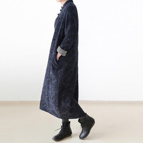 Winter Linen Dresses Warm Velour Inside Jacquard Long Caftans Winter Dresses in Navy