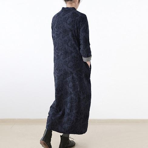 Winter Linen Dresses Warm Velour Inside Jacquard Long Caftans Winter Dresses in Navy