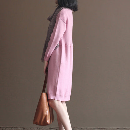 Winter Pink Rabbit Woolen Blended Sweater Dresses Loose Knit Dress