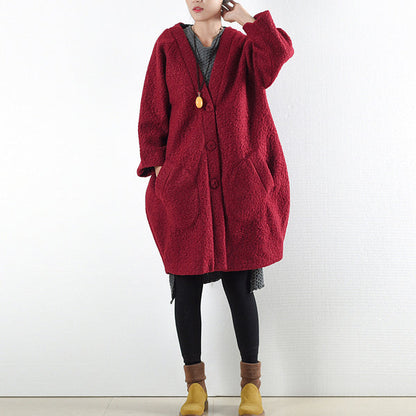 Winter Red Woolen Coats Oversized Woman Winter Outwear Original Design