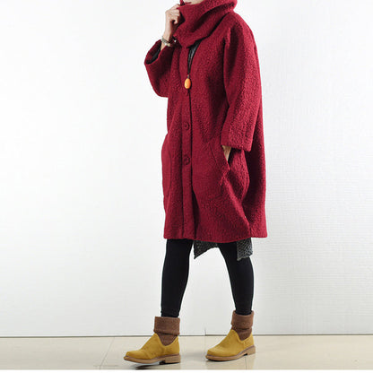 Winter Red Woolen Coats Oversized Woman Winter Outwear Original Design