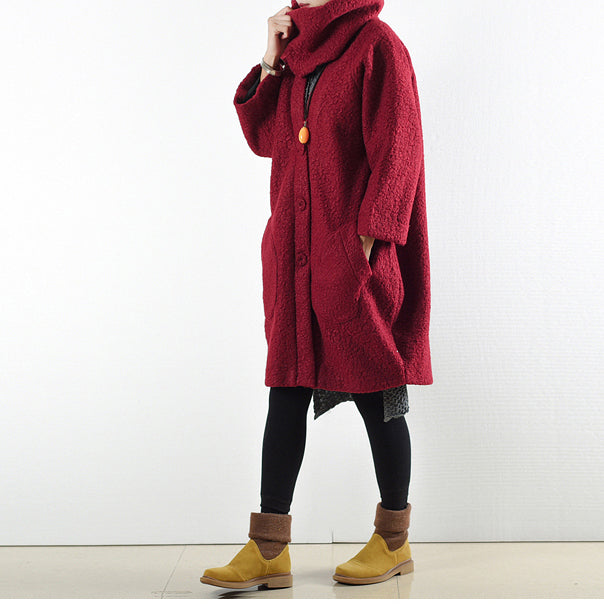 Winter Red Woolen Coats Oversized Woman Winter Outwear Original Design