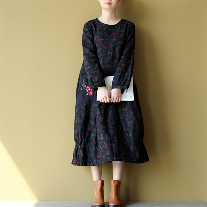 Winter Warm Embroidery Cotton Dresses Oversize Print Patchwork Linen Thick Maxi Dress