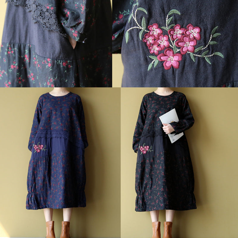 Winter Warm Embroidery Cotton Dresses Oversize Print Patchwork Linen Thick Maxi Dress