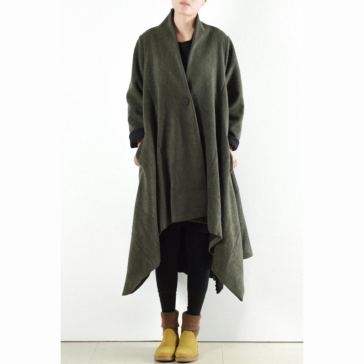 Winter Woolen Coats Green Cross Asymmetrical Cardigans Long One Button Outwear Dress