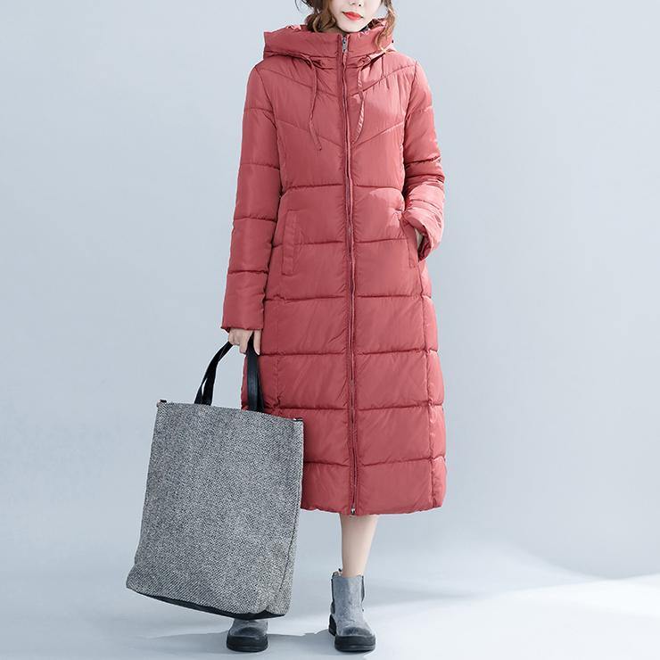 Red Winter Hooded Cotton Jacket Pockets Zippered Trench Cotton Coats