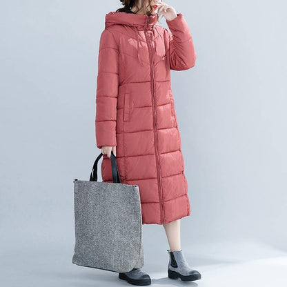 Red Winter Hooded Cotton Jacket Pockets Zippered Trench Cotton Coats