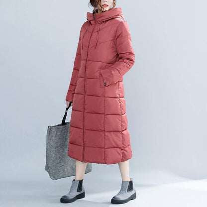 Red Winter Hooded Cotton Jacket Pockets Zippered Trench Cotton Coats