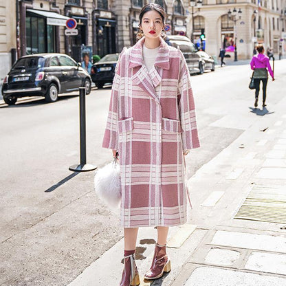 Plaid Wool Coat Notched Tie Waist Maxi Coat Pockets Coat