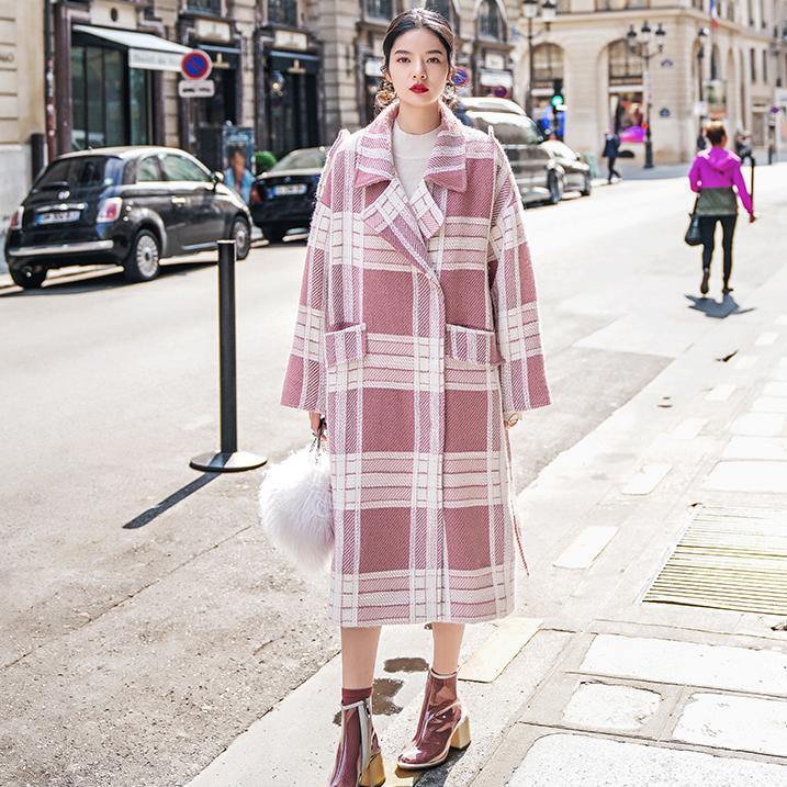 Plaid Wool Coat Notched Tie Waist Maxi Coat Pockets Coat