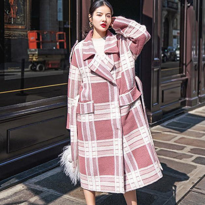 Plaid Wool Coat Notched Tie Waist Maxi Coat Pockets Coat