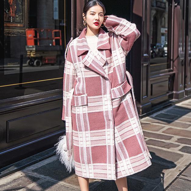 Plaid Wool Coat Notched Tie Waist Maxi Coat Pockets Coat