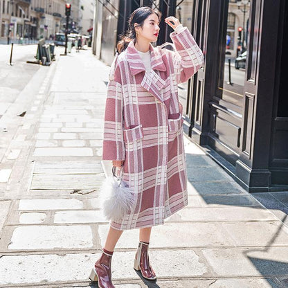 Plaid Wool Coat Notched Tie Waist Maxi Coat Pockets Coat