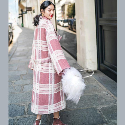 Plaid Wool Coat Notched Tie Waist Maxi Coat Pockets Coat