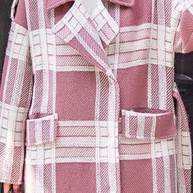 Plaid Wool Coat Notched Tie Waist Maxi Coat Pockets Coat