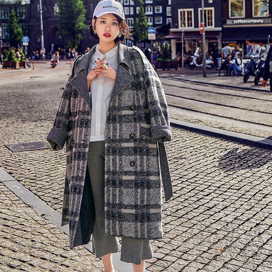 Plaid Coat Loose Fitting Notched Winter Coat Fine Double Breasted Pockets Coats