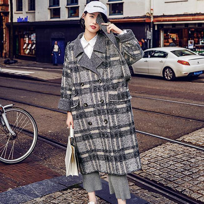 Plaid Coat Loose Fitting Notched Winter Coat Fine Double Breasted Pockets Coats