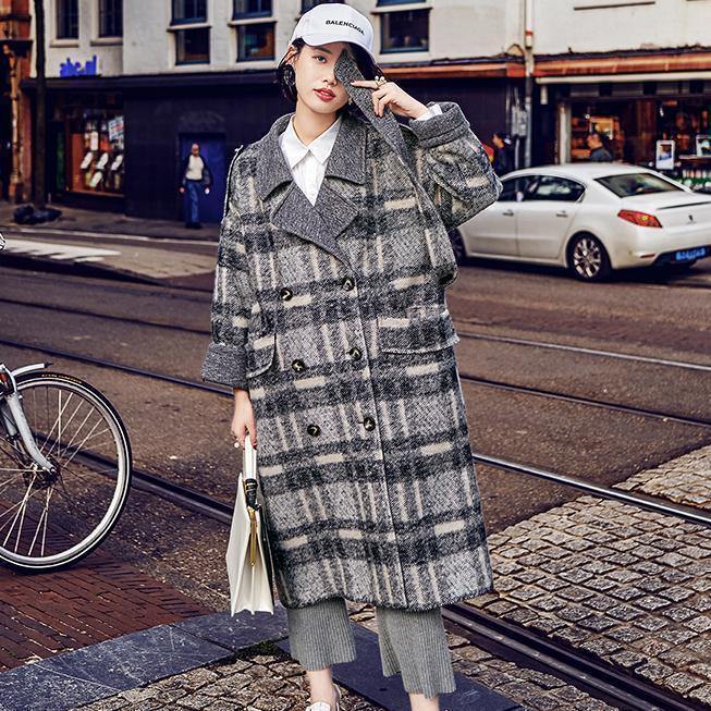 Plaid Coat Loose Fitting Notched Winter Coat Fine Double Breasted Pockets Coats