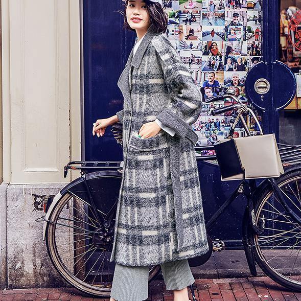 Plaid Coat Loose Fitting Notched Winter Coat Fine Double Breasted Pockets Coats
