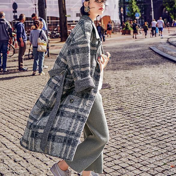 Plaid Coat Loose Fitting Notched Winter Coat Fine Double Breasted Pockets Coats