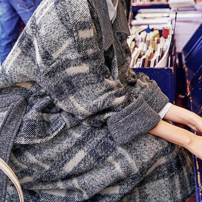 Plaid Coat Loose Fitting Notched Winter Coat Fine Double Breasted Pockets Coats