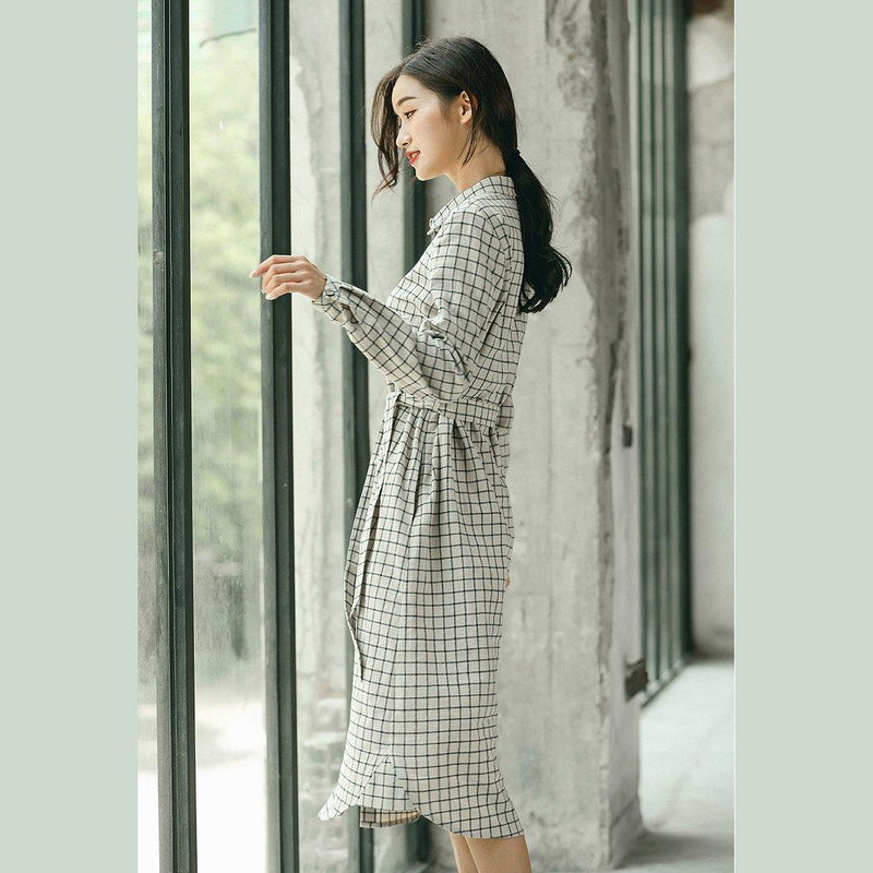 Plaid Fall Linen Dress Baggy Turn-down Collar Linen Dress