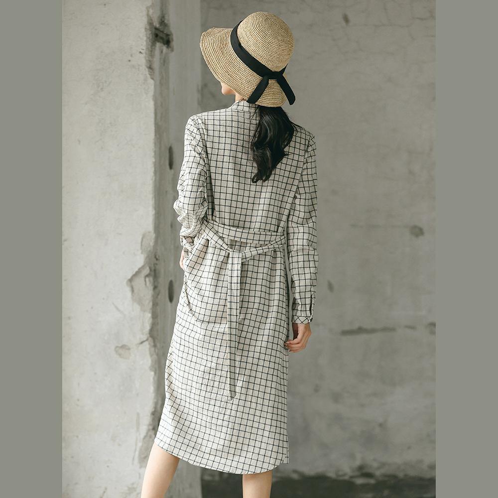 Plaid Fall Linen Dress Baggy Turn-down Collar Linen Dress