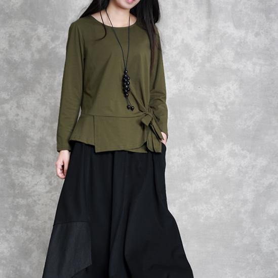 Army Green Cotton Tops Oversized Cotton Maxi T Shirts Asymmetric Long Sleeve Cotton Shirts
