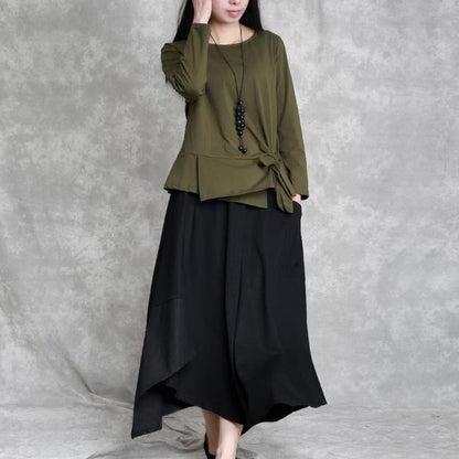 2025 army green cotton tops oversized cotton maxi t shirts women asymmetric long sleeve cotton shirts