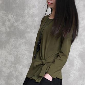 2025 army green cotton tops oversized cotton maxi t shirts women asymmetric long sleeve cotton shirts