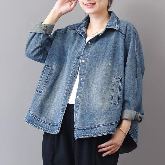 Autumn New Denim Blue Cotton Short Coats Lapel Collar Wild Tops Coat