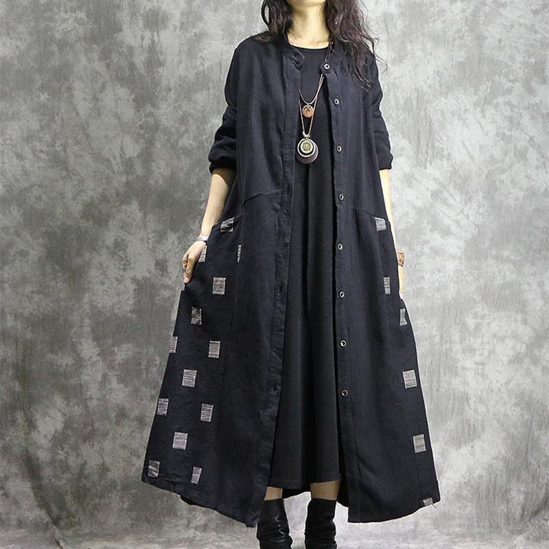 Black Plaid Coat Stand Collar Patchwork Coats Boutique Pockets Coats