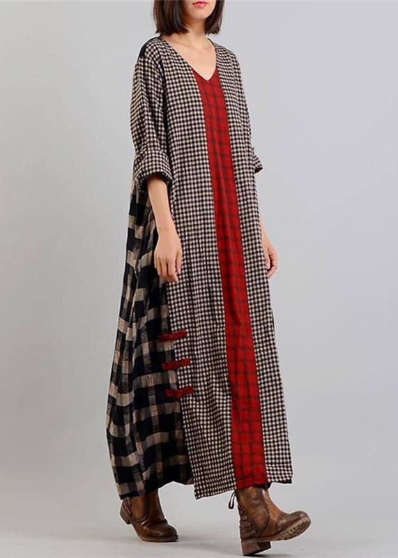 Black Plaid Autumn Loose Fitting V Neck Patchwork Traveling Clothing Chinese Button Dresses