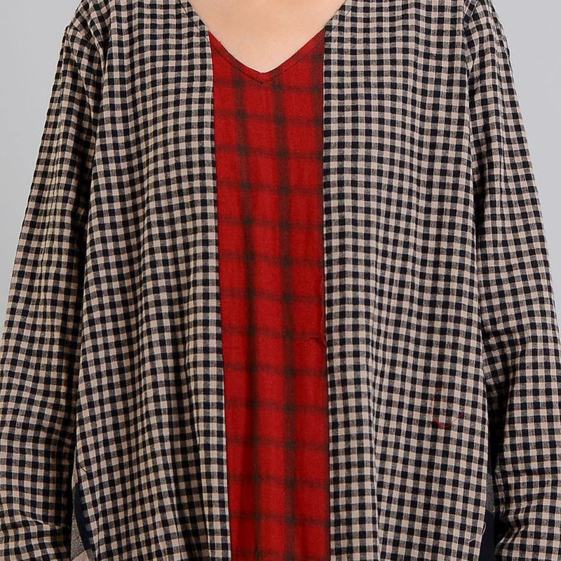 Black Plaid Autumn Loose Fitting V Neck Patchwork Traveling Clothing Chinese Button Dresses