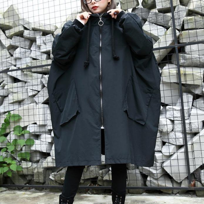 Black Winter Coat Hooded Baggy Zippered Coats Pockets Coats