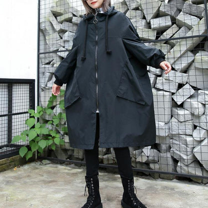 Black Winter Coat Hooded Baggy Zippered Coats Pockets Coats