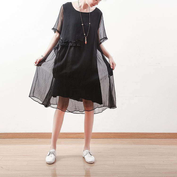 Black Chiffon Dresses Holiday Dresses New O Neck Asymmetric Ruffles Chiffon Clothing Dresses