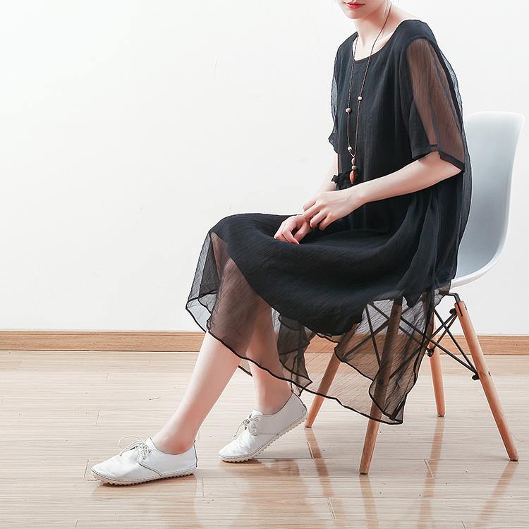 Black Chiffon Dresses Holiday Dresses New O Neck Asymmetric Ruffles Chiffon Clothing Dresses