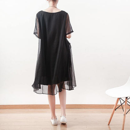 Black Chiffon Dresses Holiday Dresses New O Neck Asymmetric Ruffles Chiffon Clothing Dresses