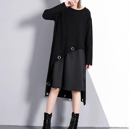 Black Cotton Blended Oversize Traveling Dress Two Pieces Asymmetric New O Neck Midi Dress