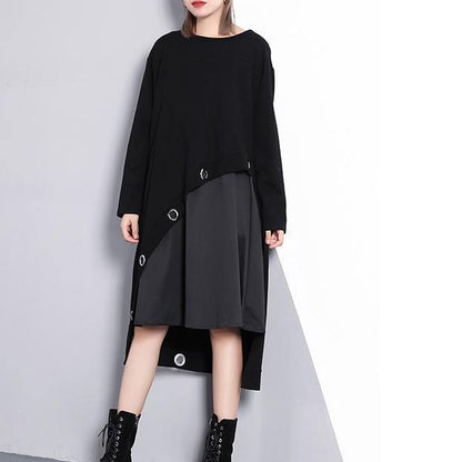 Black Cotton Blended Oversize Traveling Dress Two Pieces Asymmetric New O Neck Midi Dress
