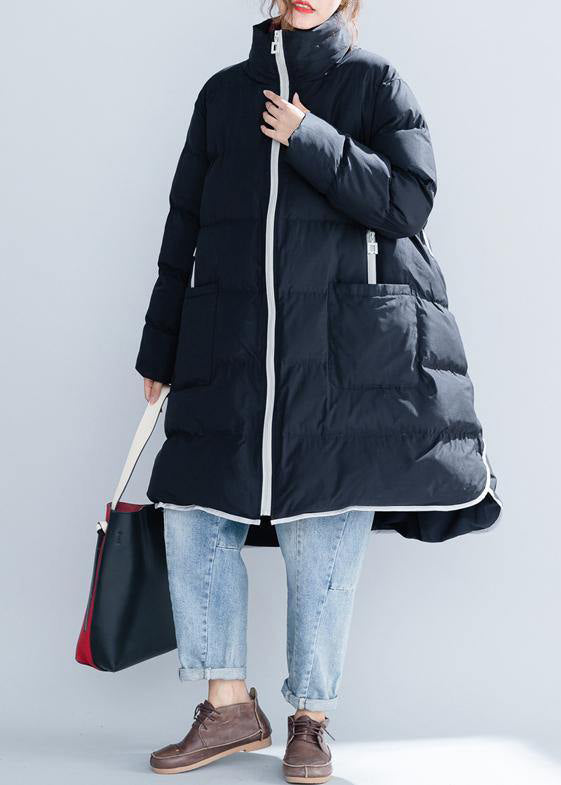 Black Cotton Jacket Stand Collar Zippered Warm Pockets Thick Winter Cotton Coats