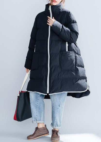 Black Cotton Jacket Stand Collar Zippered Warm Pockets Thick Winter Cotton Coats