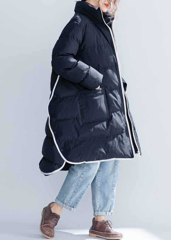 Black Cotton Jacket Stand Collar Zippered Warm Pockets Thick Winter Cotton Coats