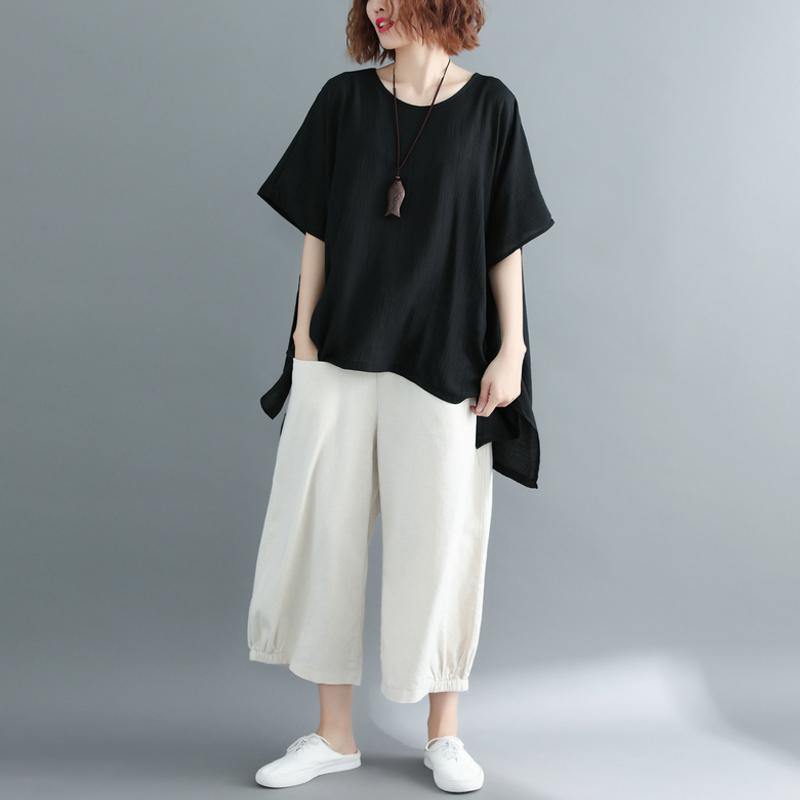 Black Cotton Linen Vest Linen Clothing Blouses Boutique Short Sleeve O Neck Brief T Shirt